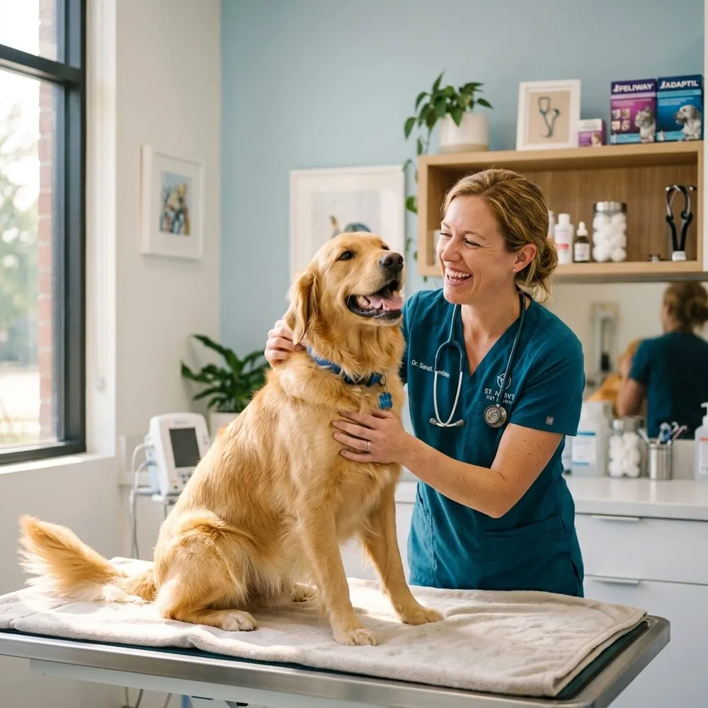 Veterinária examinando um cão com atenção